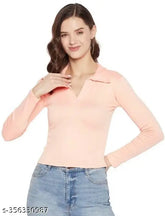 Peach cotton blend women's collar top, classic V-neck design for casual wear