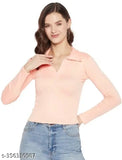 Peach cotton blend women's collar top, long sleeves, solid design, size S (bust 34in, length 21in)