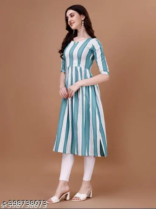 Cotton lining striped flared kurti with three-quarter sleeves, round neck, calf length, perfect for modern casual style. India-made ethnic wear for women