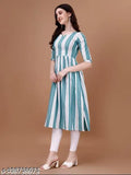 Cotton lining striped flared kurti with three-quarter sleeves, round neck, calf length, perfect for modern casual style. India-made ethnic wear for women
