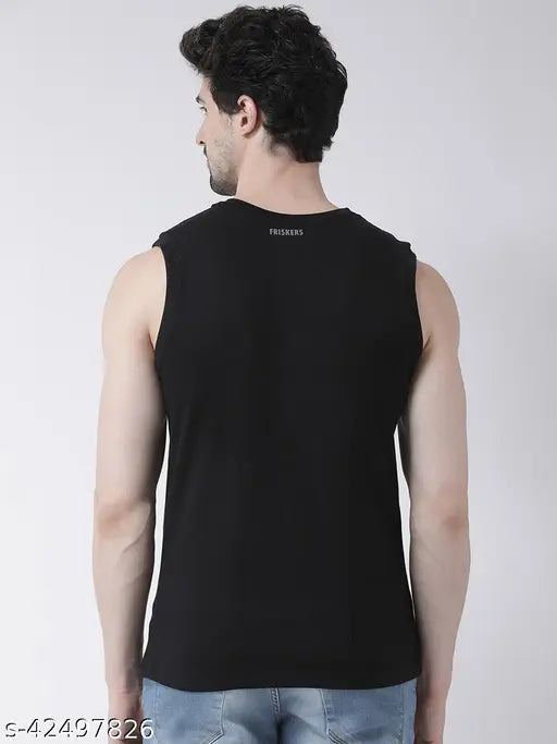 Sleeveless cotton-polyester Frisker Men's T-shirts (S: 38in/26in, L: 42in/28in, XXL: 46in/30in), high quality, round neck, solid color