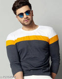 White/Yellow color blocked solid full sleeve cotton t-shirt for men, great for sports, gym, parties, and casual events, non-shrinkable, made in India