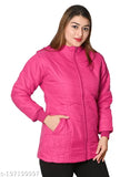 Pink nylon quilted hoody jacket for women and girls, warm style with pockets for winter wear