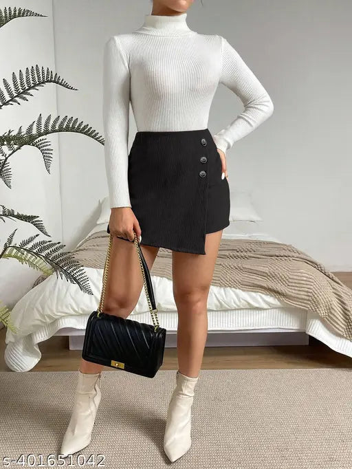 Black polyester solid layered skirt for women by Rajovati, great for casual or formal events