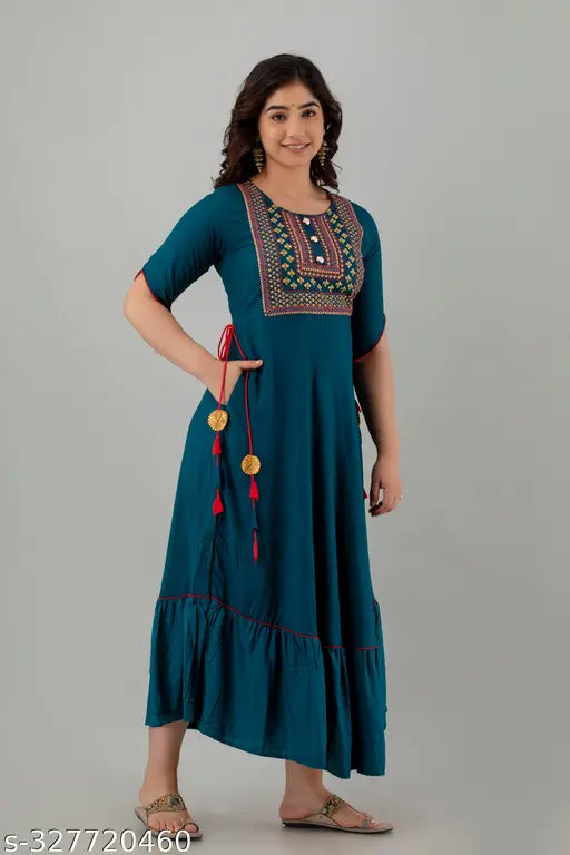 Dark blue embroidered Anarkali kurta, short sleeves, rayon fabric - traditional Indian outfit for festive events