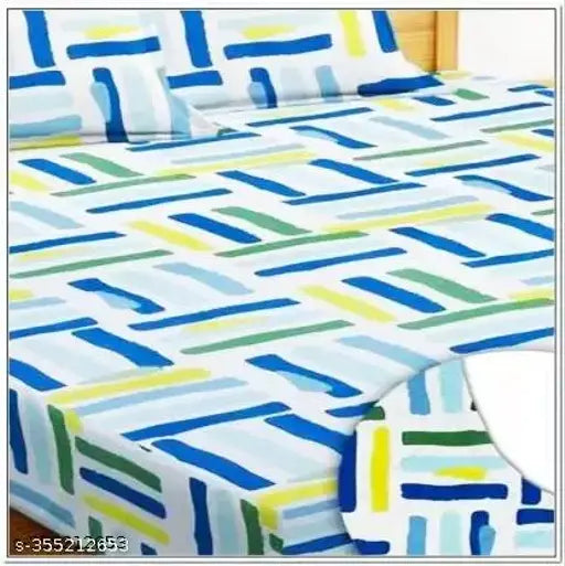Elastic cotton geometric-patterned double queen fitted bedsheet set with 2 pillows, ideal for summer use