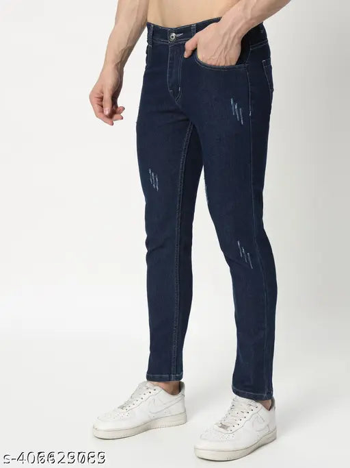 High-quality blue denim men's slim fit high-rise jeans, durable and stylish wardrobe staple