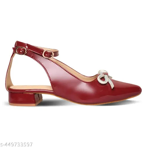 Maroon synthetic pointed toe bow heels for girls, embellished with rhinestone detailing and knot design, stylish and comfortable footwear perfect for special occasions like Diwali or Navratri shopping