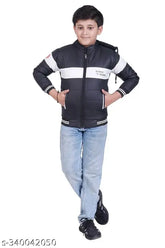 Waterproof kids' party wear jacket, red polyester boys winterwear. Solid pattern, long sleeves, sizes range from 2-3 Years to 11-12 Years. Made in India