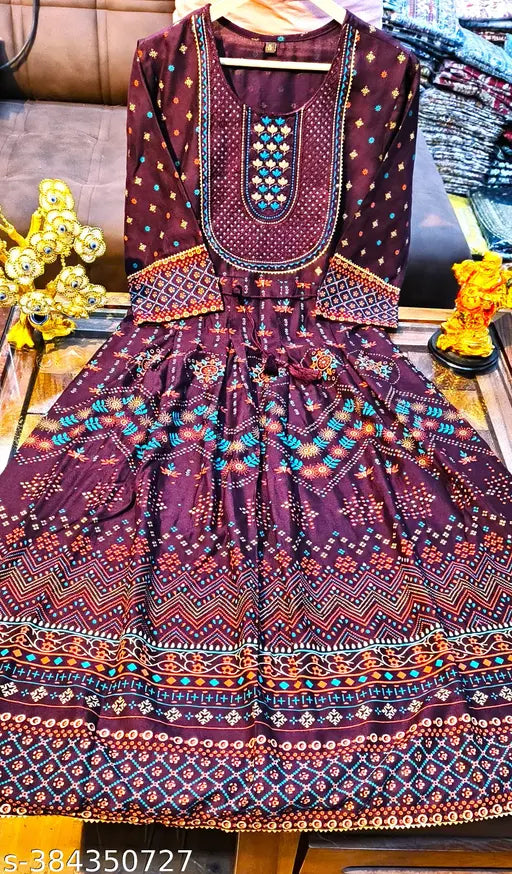 Maroon rayon Anarkali gown with embroidered yog, 3/4 sleeves, printed combo, M-6XL
