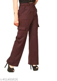 Lycra brown cargo trousers for women, high rise with slanted inset pockets & flap, suitable for casual and formal wear