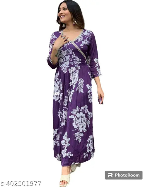 Rayon printed angrakha design kurti for women's party wear, India