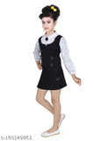 Cotton blend western dress for kids girls, self-design net pattern with long sleeves. Above knee length pinafore dress in straight hem, comfortable for parties or festivals. Made in India