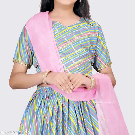 Striped cotton blend party wear embellished girls lehenga choli set, net dupatta (12-8 years sizes available) for festivals like Diwali, Eid, Christmas & more