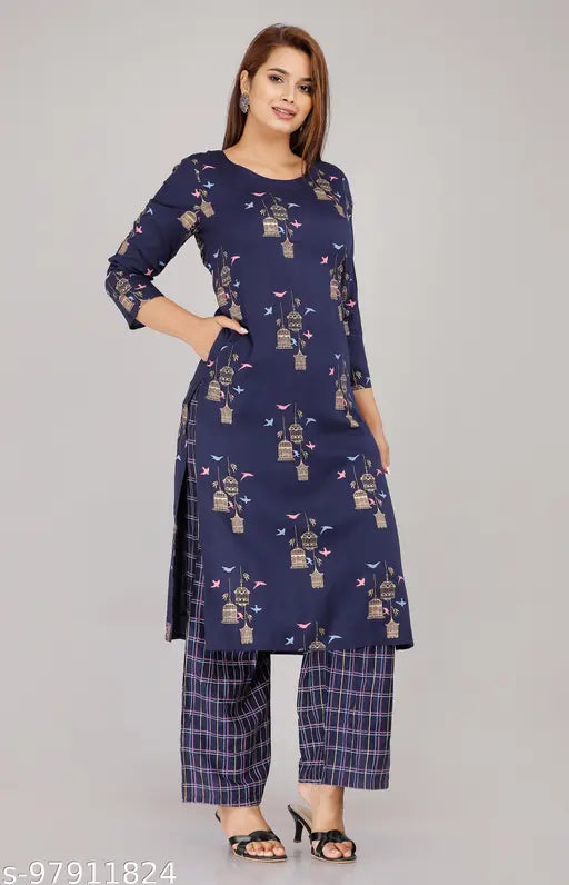 Rayon printed kurta palazzo set for women, three-quarter sleeves rayon outfit on model, Indian ethnic fashion for ladies