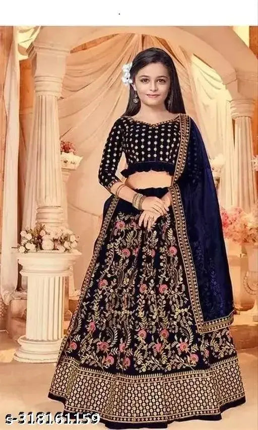 Velvet embroidered kids lehenga choli, trendy Indian fashion for girls (3-16 yrs), 100% best product, semi-stitched lehenga, unstitched blouse