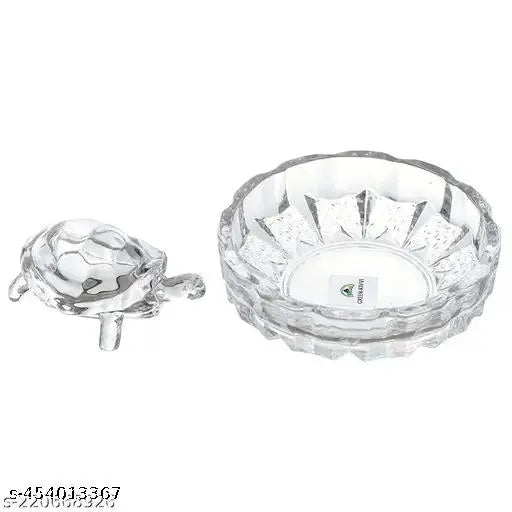 Glass Vastu Feng Shui Tortoise Turtle with Crystal Plate, 12cm x 12cm x 4cm, India-made home showpiece