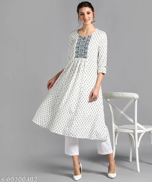 Rayon embellished kurta, three-quarter sleeves, printed combo for women's parties & festivals. Indian-made, high-grade rayon fabric. L (40in bust, 48in size length), XL (42in bust, 48in size length), XXL (44in bust, 48in size length)