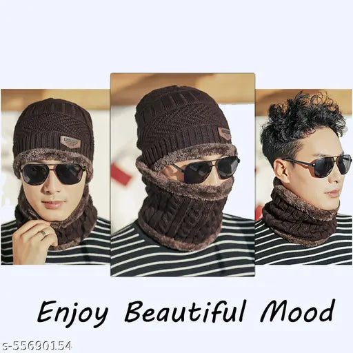 Brown woolen unisex beanie cap set with neck warmer, soft fur winter proof and self-design pattern