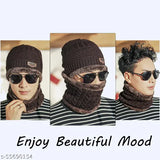 Brown woolen unisex beanie cap set with neck warmer, soft fur winter proof and self-design pattern