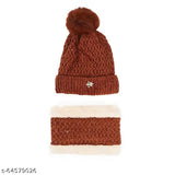 Velvet touch Woolen Winter Cap & Scarf Set, soft fur lining, fashionable for girls/ladies, warm and elastic, perfect winter gift
