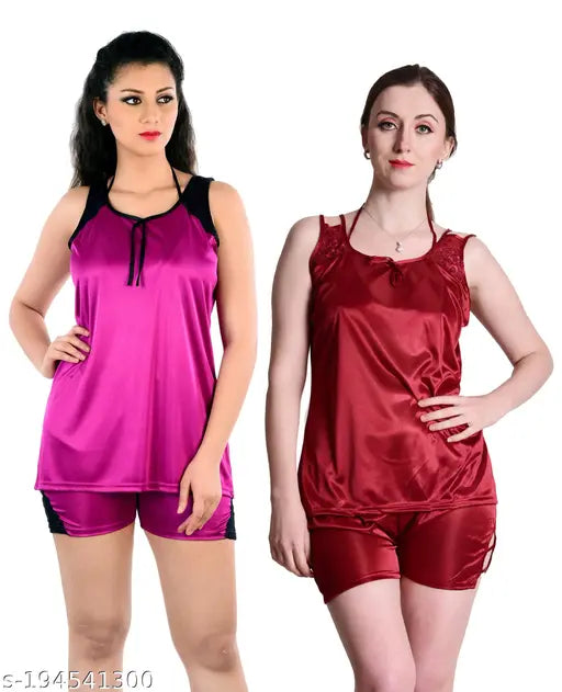 Wine/Maroon women's satin combo top & shorts set, perfect for bedroom or special nights, made from high-quality satin fabric in India
