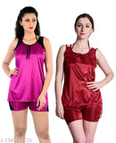 Wine/Maroon women's satin combo top & shorts set, perfect for bedroom or special nights, made from high-quality satin fabric in India