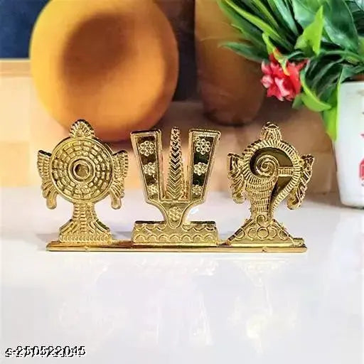 Gold-plated Tirupati Balaji Symbol Shankh Chakra figurines for home and car decor, Indian religious gift