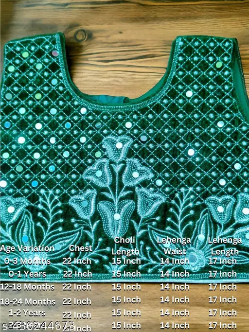 Velvet lehenga-choli for women, embroidered half saree with organza dupatta. Sleeveless crop top design. Size: 0-3 months (14in waist, 17in length). Ethnic wear for special occasions like weddings and festivals