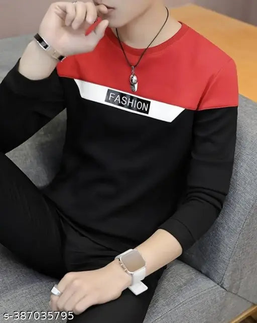 Mens cotton, colorblocked casual wear t-shirt with long sleeves, ideal for everyday use. High-quality knitted fabric offers comfort and ease. Perfect fit for men's round neck style, stylish streetwear. Made in India