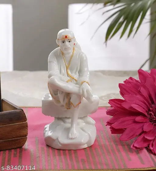 White marble handcrafted Sai Baba Idol (6 inches), perfect for Pooja and gift giving