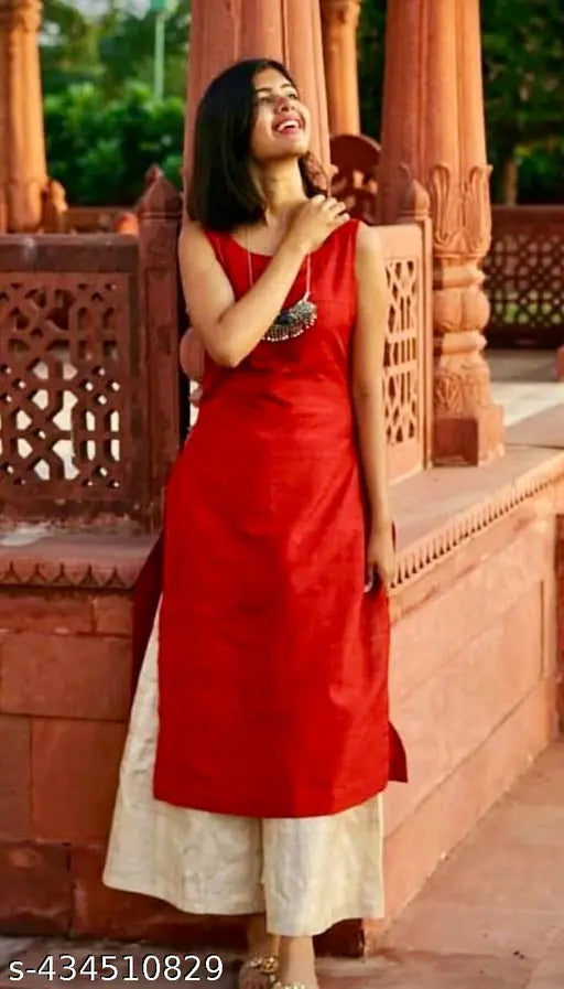 Red rayon kurta with off-white palazzo set, stylish daily wear for women by Vani Apparels