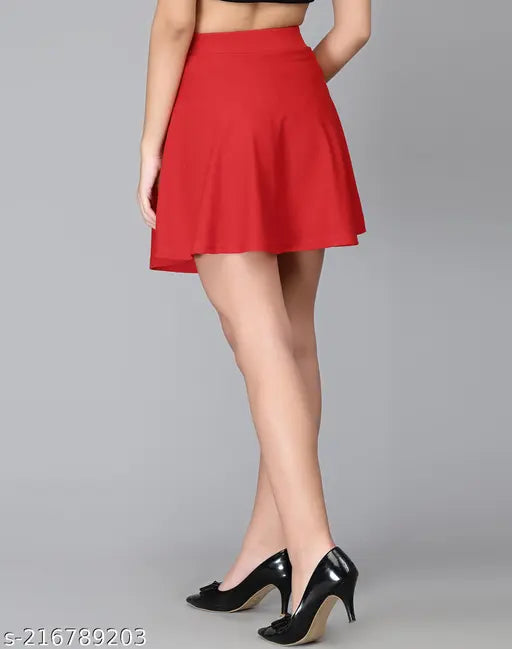 Red solid polyester A-line midi skirt for women, Aline hem and full elasticated waistband - western wear collection, size 28, India origin