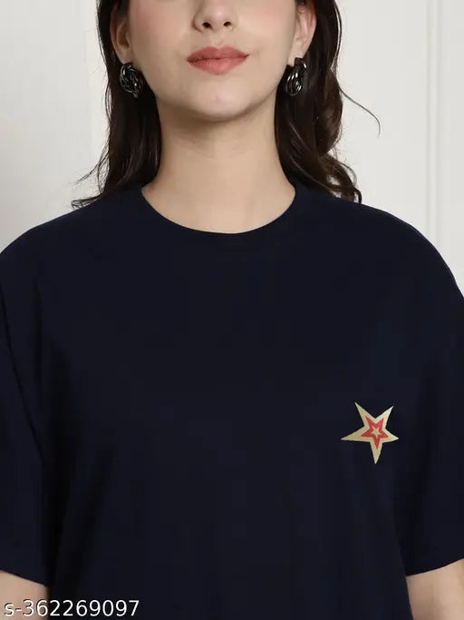 Graphic printed cotton oversize t-shirt for women, three-quarter sleeves, vibrant style for every story, Made in India