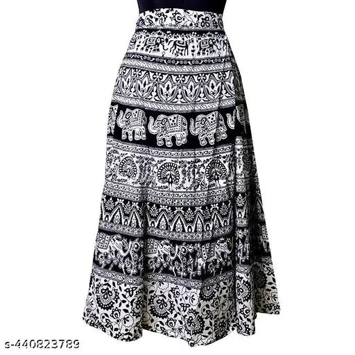 Black and white cotton skirt with sanganri jaipuri print for women, free size