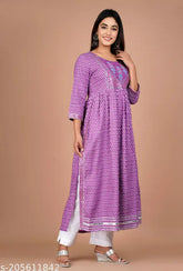 Purple embroidered rayon kurta, three-quarter sleeves, India-made women's fashion