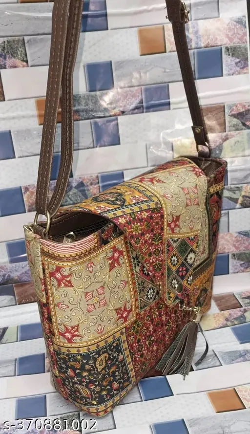 Elegant trendy printed fabric sling bag, high-quality, full handwork detailing, three compartments, red, free size (10x8x3 in), "Trust of India" collection