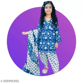 Bandhani cotton frock-dhoti and dupatta set, printed with traditional Bandhani motifs, for Indian outfits (size 18-24 months)