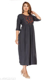 Grey Rayon Anarkali Kurti, embroidered, gathered, women's casual wear for office or jeans & leggings, 3/4 sleeves, round neck, India origin