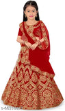 Red satin lehenga with embroidered stitch, semi-stitched for kids, high quality Indian craftsmanship