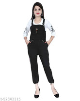 Trendy cotton black dungaree jumpsuit for party and casual wear, printed net pattern, three-quarter sleeves