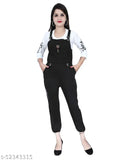 Trendy cotton black dungaree jumpsuit for party and casual wear, printed net pattern, three-quarter sleeves
