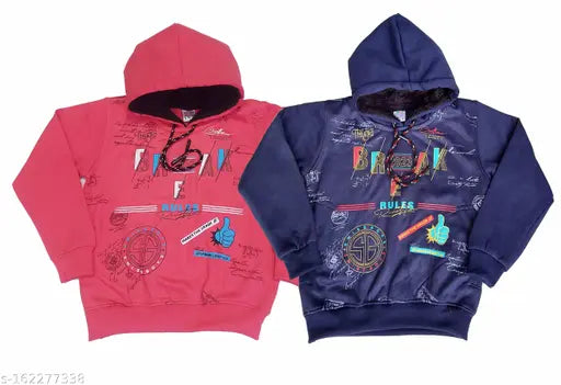 Kids Boys winter fleece sweatshirt hoodies 2 combo in printed pattern, cotton long sleeves for cold weather, India origin