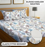 Cotton blend double bedsheet set, botanical print, elastic fitted by Bajrang Handloom industries. Ideal for mild winter, adult use