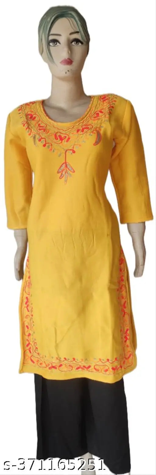 Yellow haldi woolen kurti with jari wool embroidery on neck and border