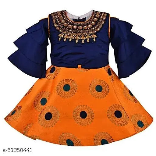 Silver kraft printed net frock dress (fr2908y), three-quarter sleeves, spruce up baby girl's wardrobe (2-3 years)