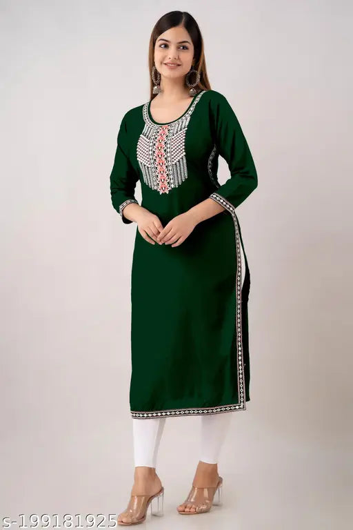 Rayon embroidered green straight kurti for office party wear, stylish women's festive wear from India