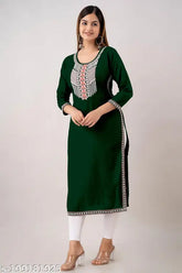 Rayon embroidered green straight kurti for office party wear, stylish women's festive wear from India