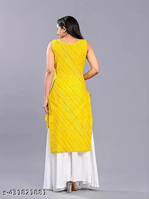 Yellow cotton blend Laheriya straight kurta with off-white palazzos, 3/4 sleeve and round neck, traditional Indian women's casual or party wear