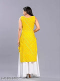 Yellow cotton blend Laheriya straight kurta with off-white palazzos, 3/4 sleeve and round neck, traditional Indian women's casual or party wear